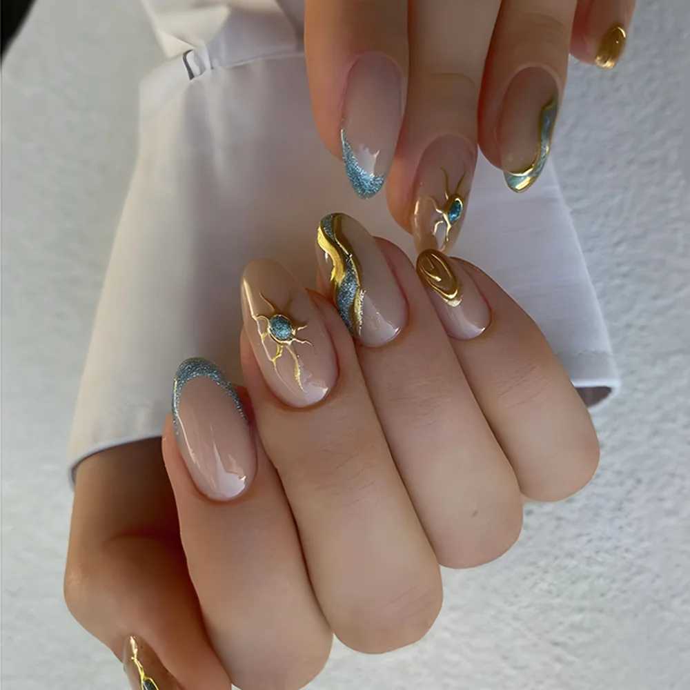 24Pcs Golden French Fake Nail with Almond Head Design Simple Oval False Nails Wearable Press on Nails Full Cover Nail TipsW250120