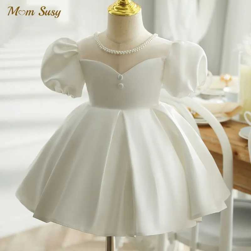 Baby Girl Princess Pearl Neck Dress Puff Sleeve Infant Toddler Child Vintage Dress Party Pageant Birthday Baptism Frocks 1-12Y X250203