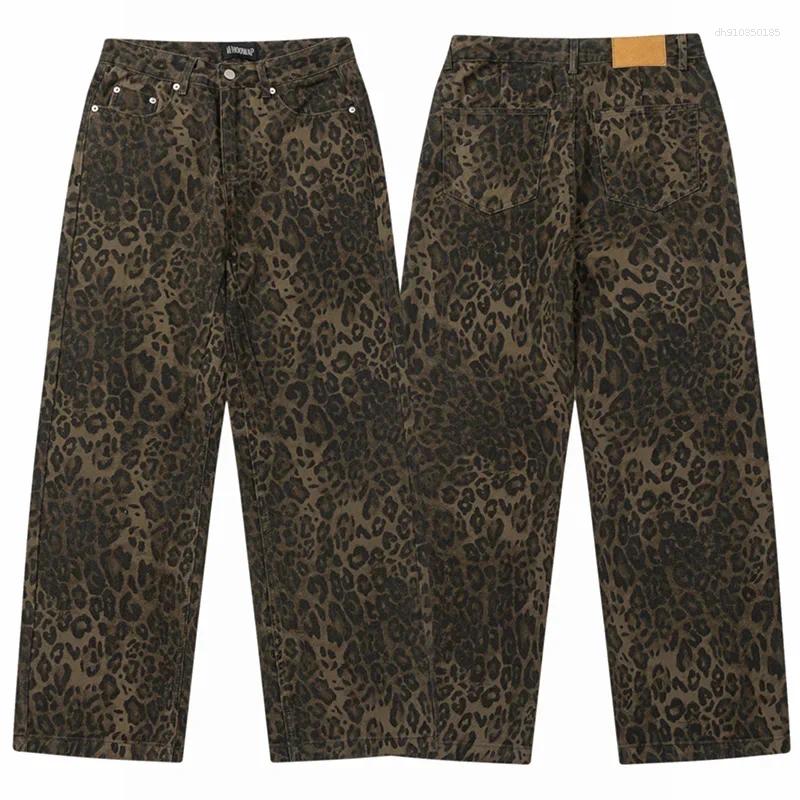 Men's Jeans Men Streetwear Vintage Wide Leg Flared Denim Pants Hip Hop Techwear Straight Long Trousers Y2k Animal Leopard Print Baggy