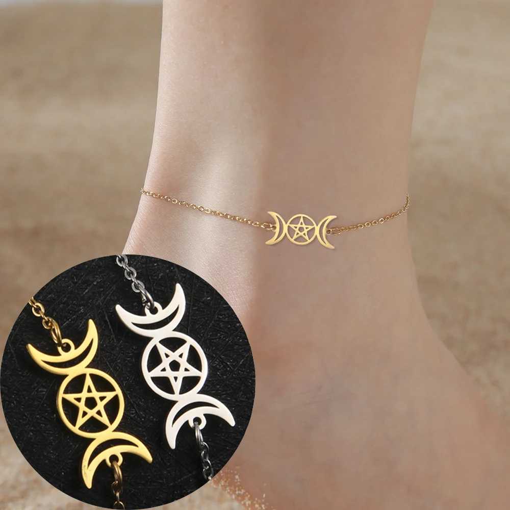 Dara Triple Moon Wiccan Anklet Bracelet Crescent Moon Pentagram Godd Symbol Stainl Steel Bracelet Vintage JewelryXJ250121