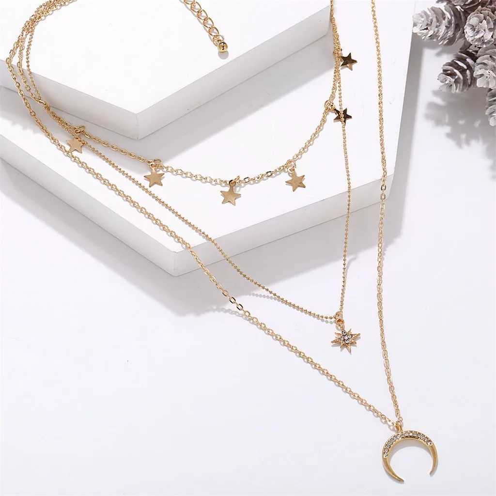 Necklace For Women Fashion Elegant Star Moon Three-layer Necklace Vintage Clavicle Chain Ladies Party Jewelry Necklace 2022XJ250121