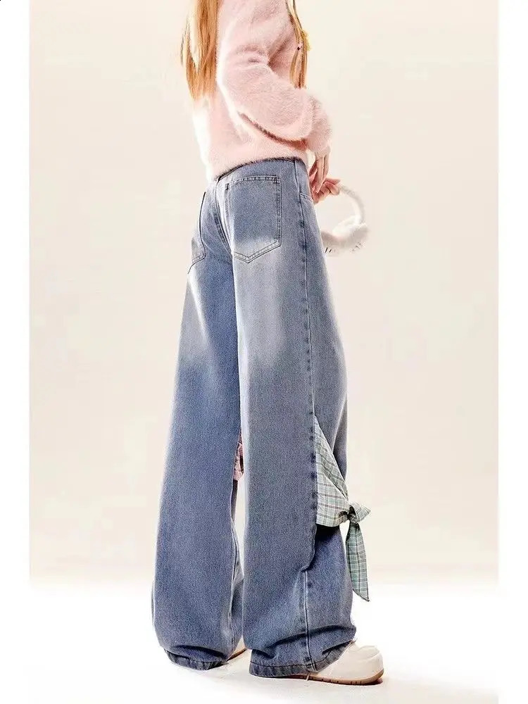American retro gothic checkered patchwork women jeans with bow tie and loose bandwidth Y2k streetwear wide leg pants 250121