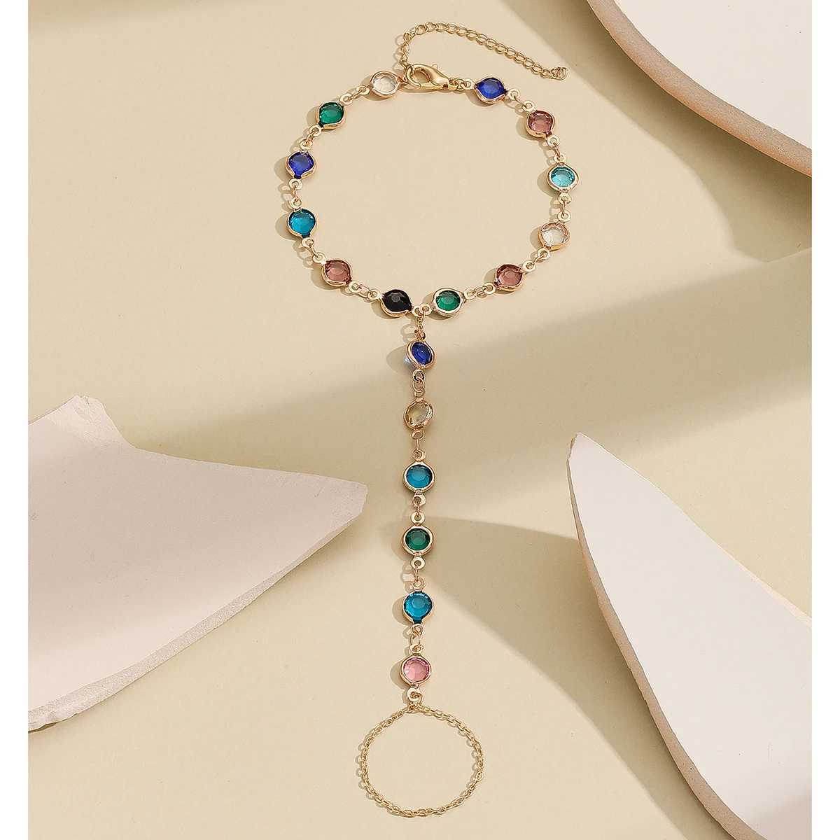 Exquisite Vintage Emerald Blue Crystal Boho Wrist Bracelet for Women Finger Ring Chain Charms Lady Trendy Aesthetic Jewelry Set W250121