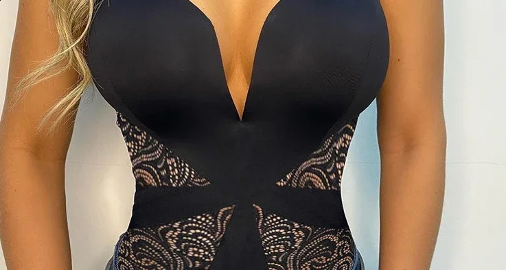 Womens Clothing Black Sexy Lace Splicing Onepiece Suspender Top Romper V Neck Sleeveless 250108