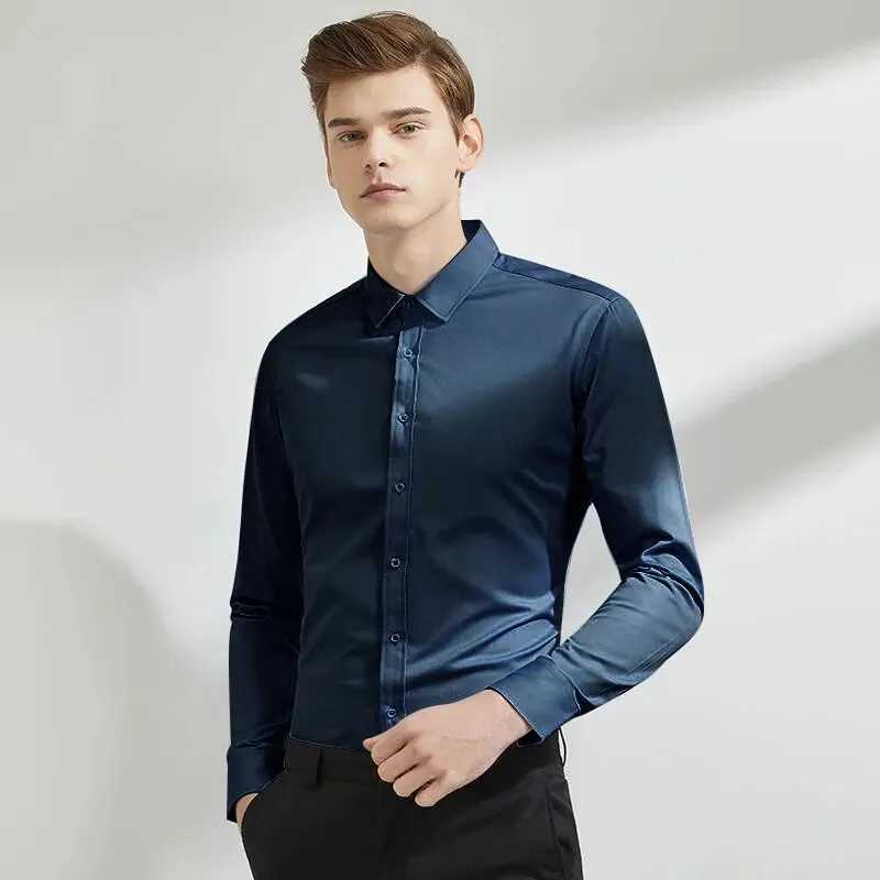 Four Seasons Mens Plain Color Simple Long Sleeve Casual Suit Shirt Slim Fit Fashion Business Plus-Size Social Must-HaveXJ250121