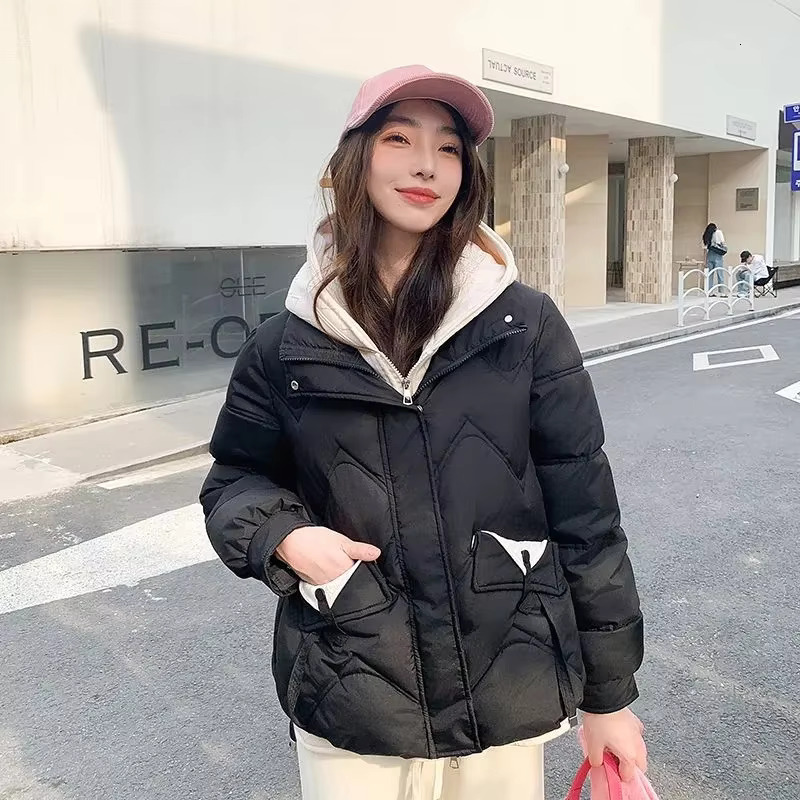 2025 New Winter Fashion Parkas Fake Two Items Short Coats Women's Down Cotton Jacket Thick Hooded Tops Female Casual Outwear