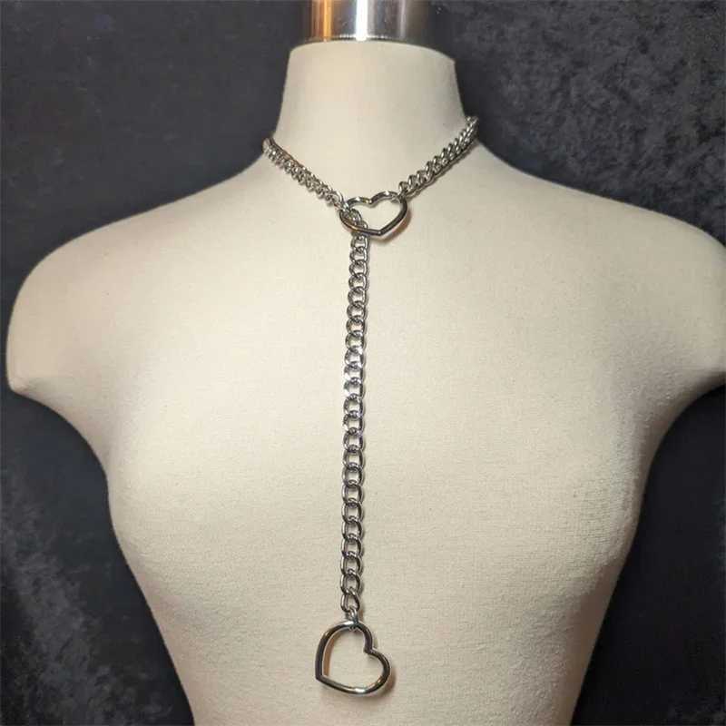 Heavy Lariat Heart Necklace Personality Punk Rock Silver Color Slip Chain Ring Slipchain Choker Collar for Women Men JewelryXJ250121