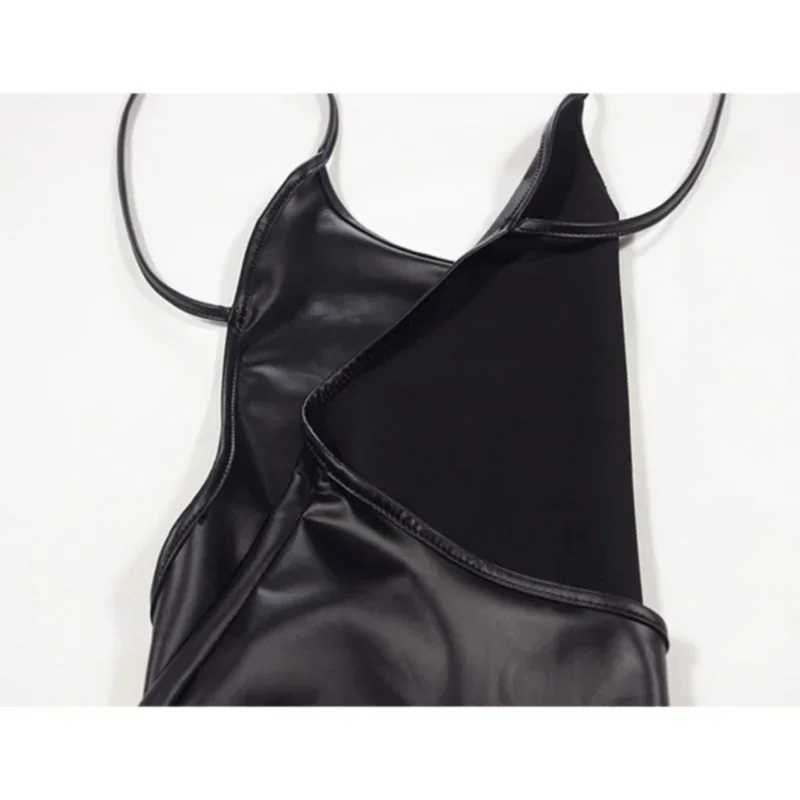 Sexy Faux Leather Dress Backless Club Party Short Dresses Solid Black Wet Look Latex Bodycon Push Up Bra Mini Micro DressXJ250115