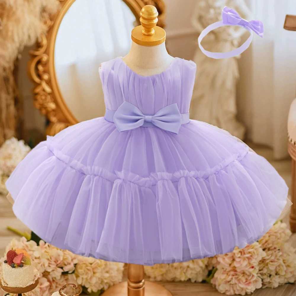 Baby pleated girl princess dress baby white 1st birthday Baptist dress toddler bow party wedding ball dress baby costume X250203
