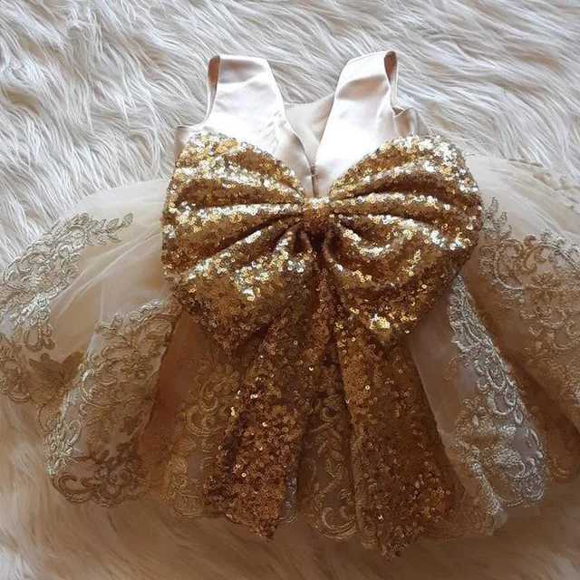 Golden Sequined Bow Infant Christening Gowns All 1 Year Baby Girl Birthday Dresses Infant Baptism Gown X250203