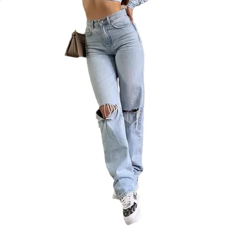 Style HighWaisted StraightLeg Jeans Light Blue Dressed Trousers Womens Commuting Denim Pants With Rips 250120