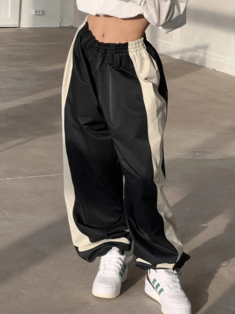 Contrast Patchwork Track Pant Elastic High Waist Casual Loose Hippie Baggy Trousers Woven Jogging Sweatpants 250113