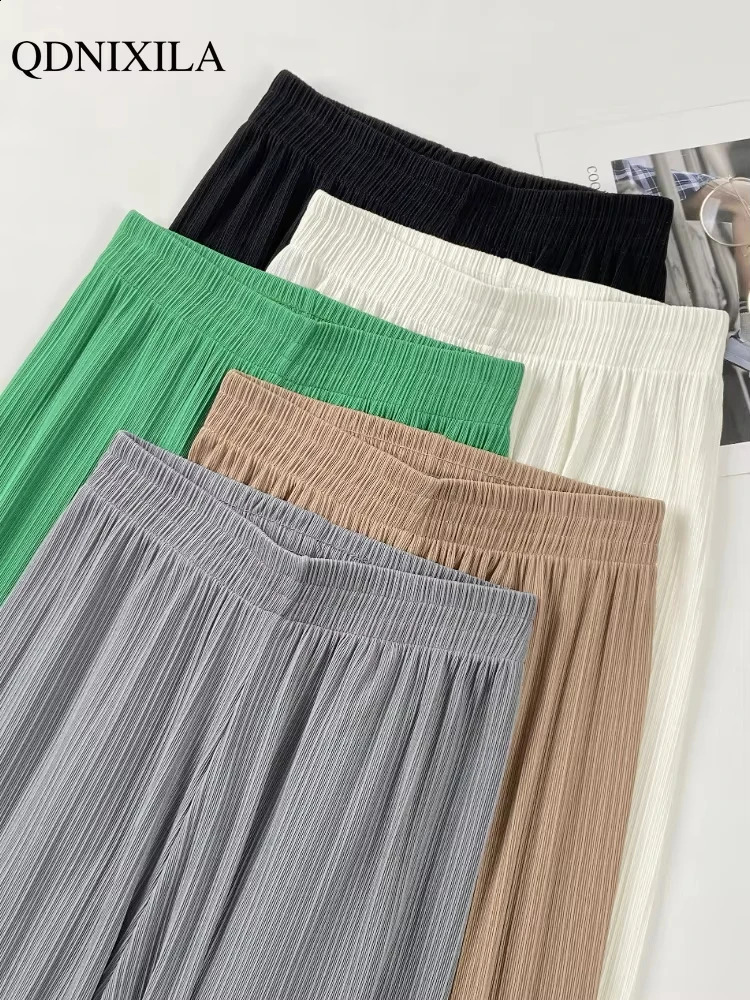 2024 Spring Summer Ice Silk Wide Leg Pants for Women Korean Thin Chiffon High Waist Saggy Loose Straight Casual Fashion Trousers 250121