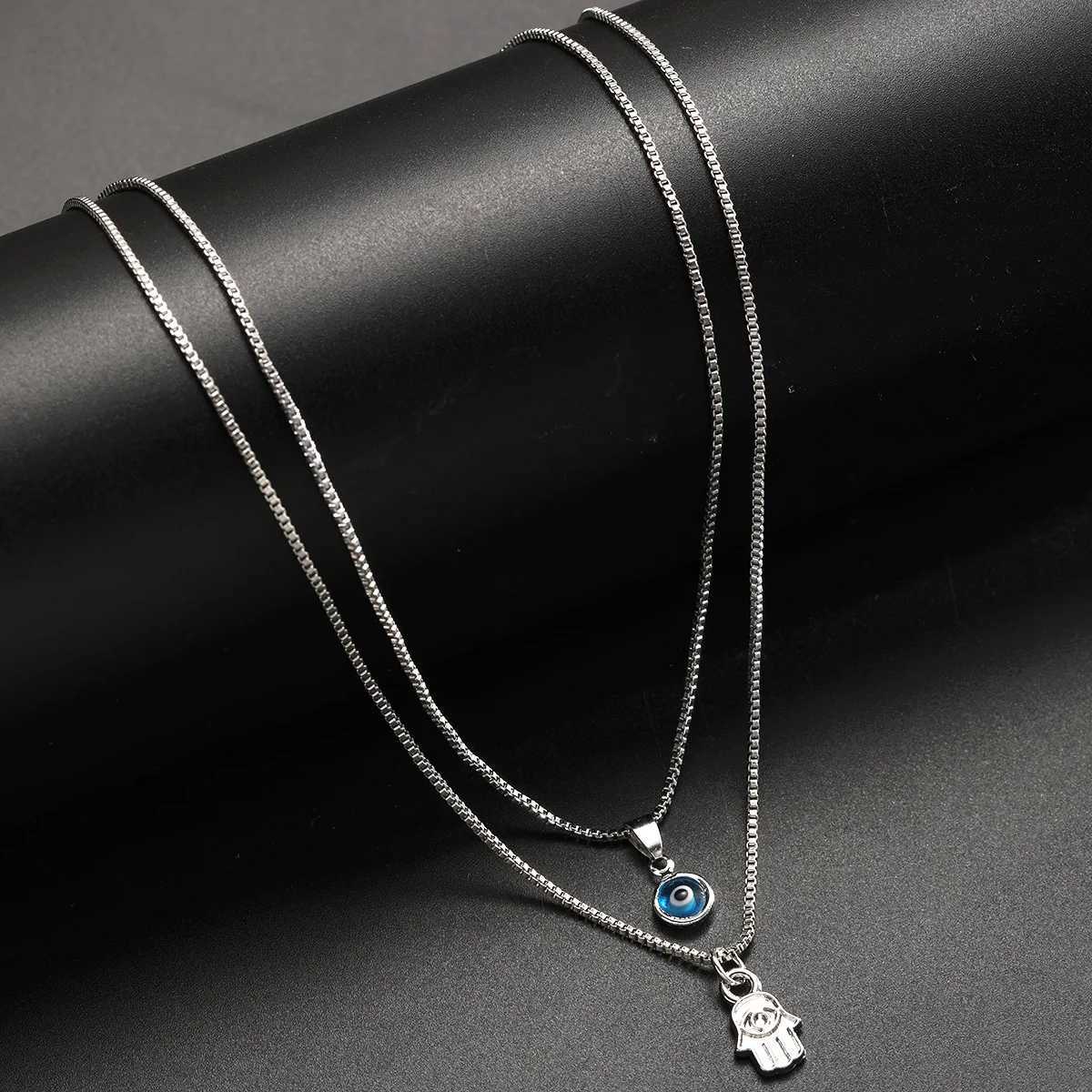 2 Pcs Double Layer Palm Evil Eye Clavicle Chains Necklace for Women Classic Fashion Turkish Lucky Blue Eye Choker Jewelry GiftsXJ250121