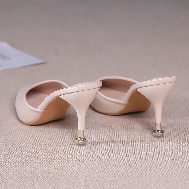 Fashion Thin Heel Outside Slippers for Women Summer High Heel Ladies Shoes Baotou Rubber Pu Womens Slippers 250113