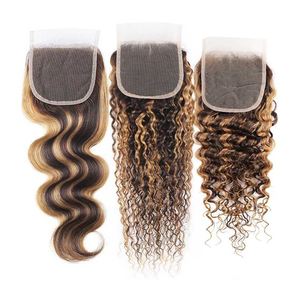 Highlight 4*4 Lace Clos P4/27 Straight Body Wave Deep Wave Jerry Curly 4x4 Transparent Clo Brown Blonde Human hairXJ250120