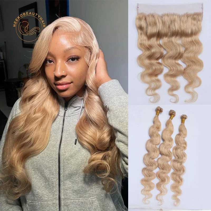 Honey Blonde Human Hair Bundles with Lace Frontal Ash Blonde Colored Hair Bundles with Frontal Body Wave Hair Color #27XJ250120