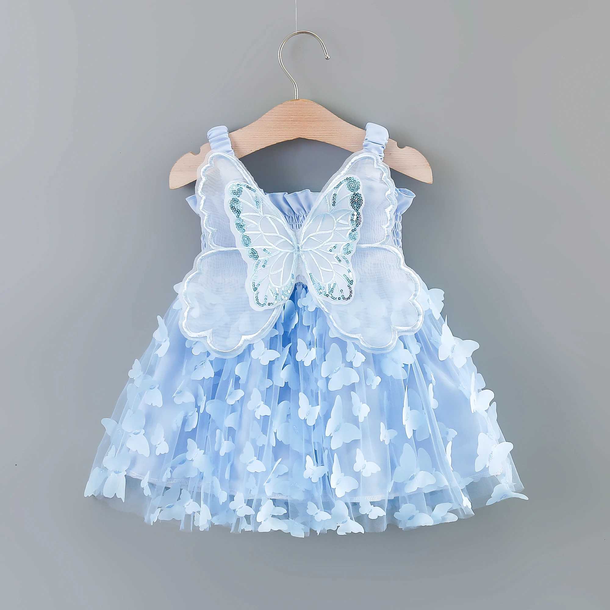 Girls New Summer Dress With Large Butterfly Wings On The Back Drawstring Waist Mesh Colorful Butterfly Princess Party Dress X250203