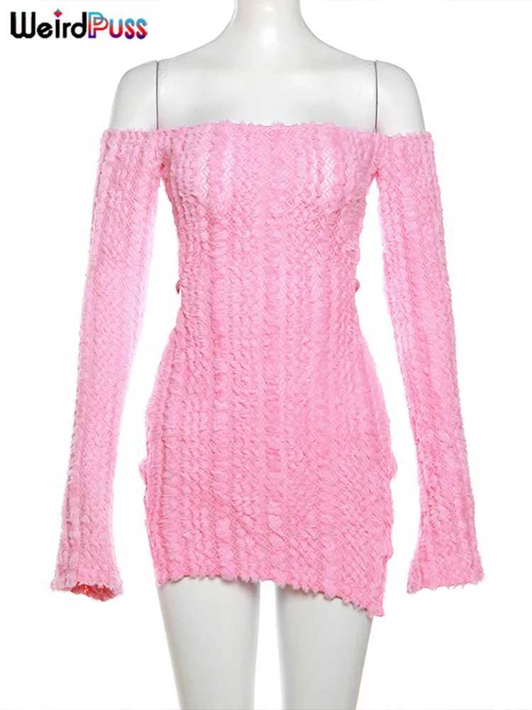 Weird Puss Knit Ele Slash Neck Dress Women Sexy Trend Backless Irregular Skinny Streetwear Midnight Side Hollow Chic BodyconXJ250115