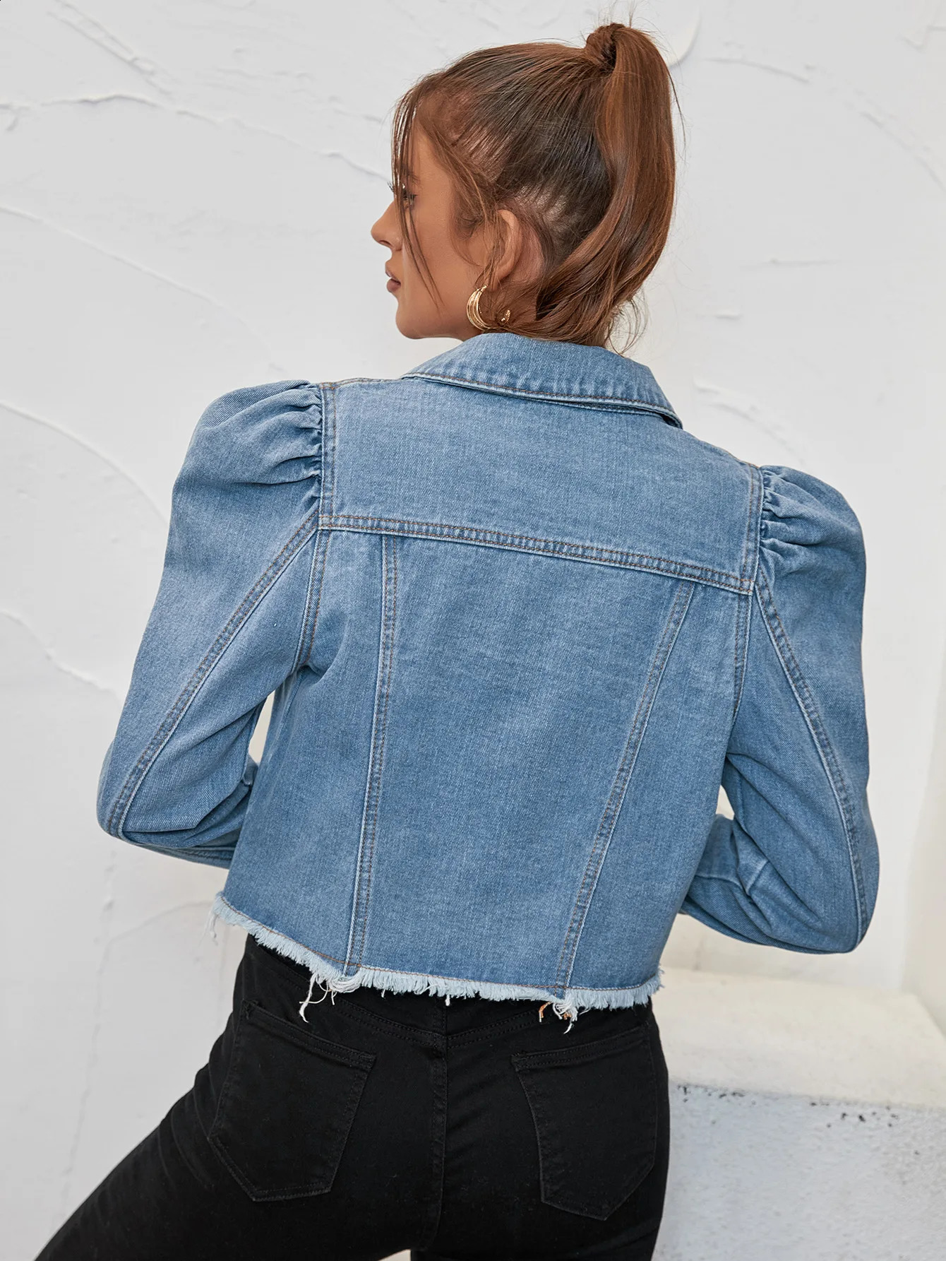 WomenS Jackets Autumn Winter Fashion Puff Sleeve Pockets Denim Jackets Streetwear Casual Lady Fringe Short Jean Coat Outwear 250122