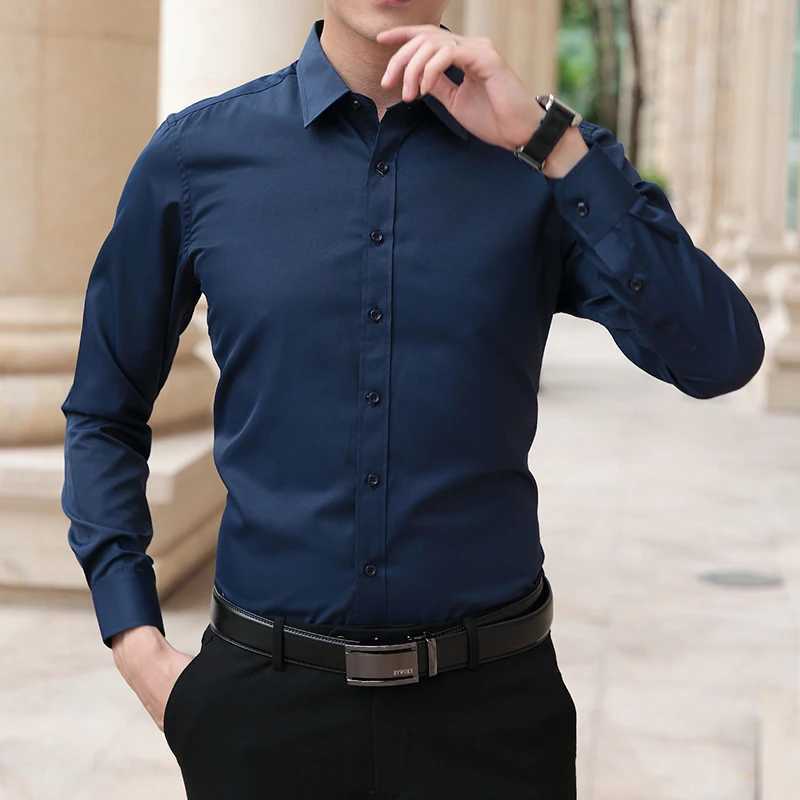 Business Mens Long Sleeve Shirts Elegant Solid Plain Bamboo Fiber Office Formal Dress Shirt Casual Standard Male Workwear ShirtXJ250121
