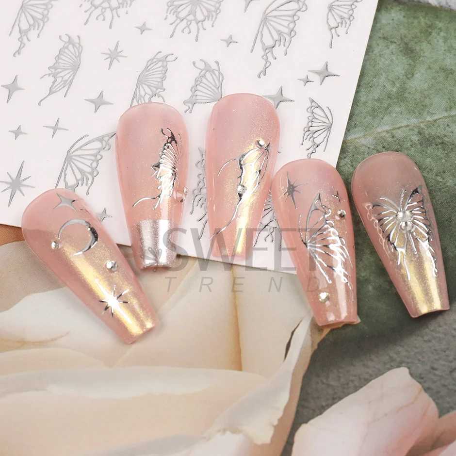 Laser Butterfly Silver Black Nail Art Sticker Hollow Y2K Nails Design Bronzing Star Moon Charms Adhesive Slider Manicure DecalsXJ250120