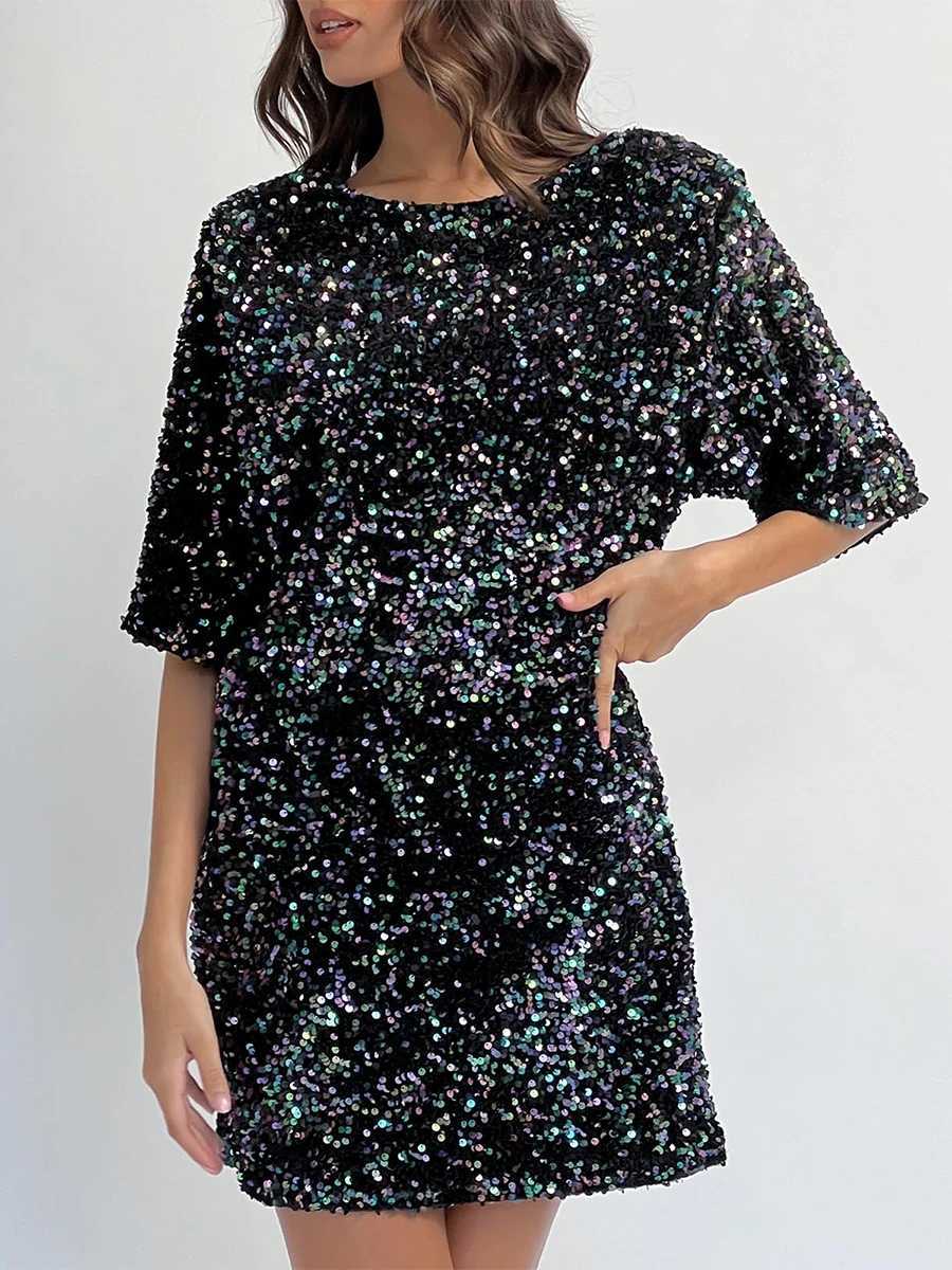 Women s Sequin Dress Casual Loose Sparkly Round Neck Short Sve Open Back Tie-Up Mini T-Shirt Dress for Party ClubXJ250115