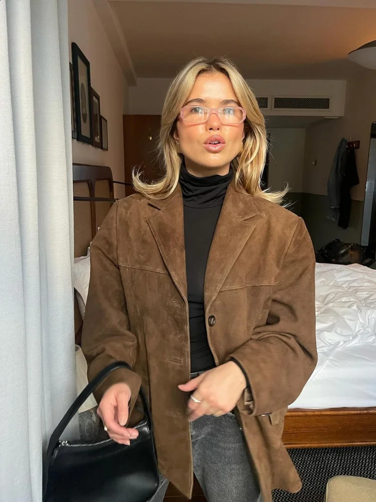 Vintage Brown Suede Leather Blazer Jacket Women Chic Lapel Single Breasted Pocket Crop Coat Fashion Autumn Casual Coats 250114