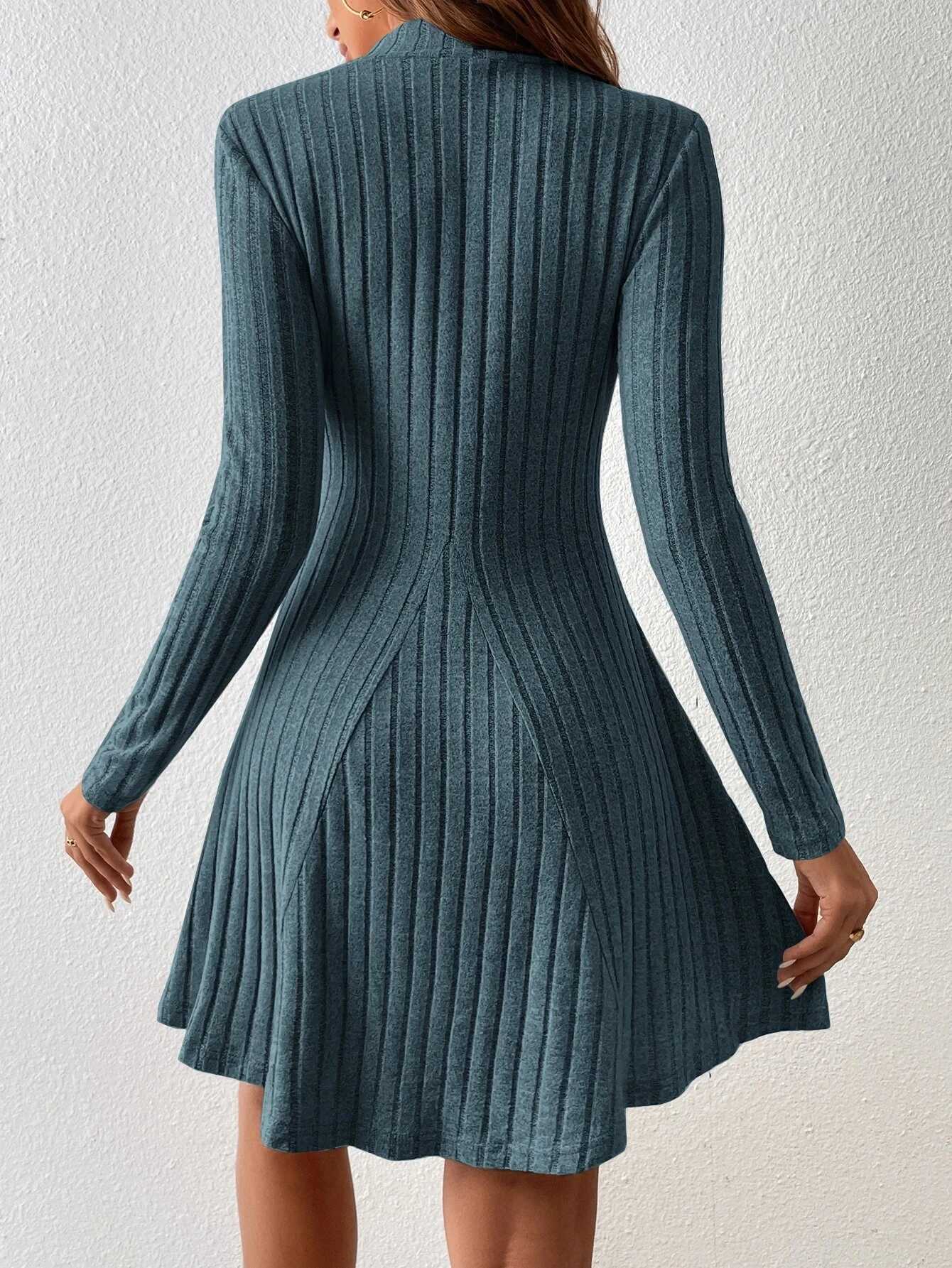 Mia se Womens Dresses Fall Winter Simple Solid Color Long Sve Mock Neck A Line High Waisted Flare Hem Casual Short DressesXJ250115