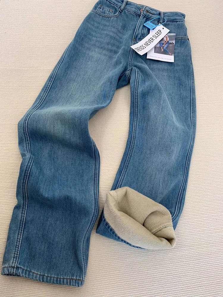 Korea Winter High Waist Baggy Wide Leg Jeans Vintege Plush Velvet Lined Cowboy Casual Vaqueros Fashion Women Denim Pants 250120