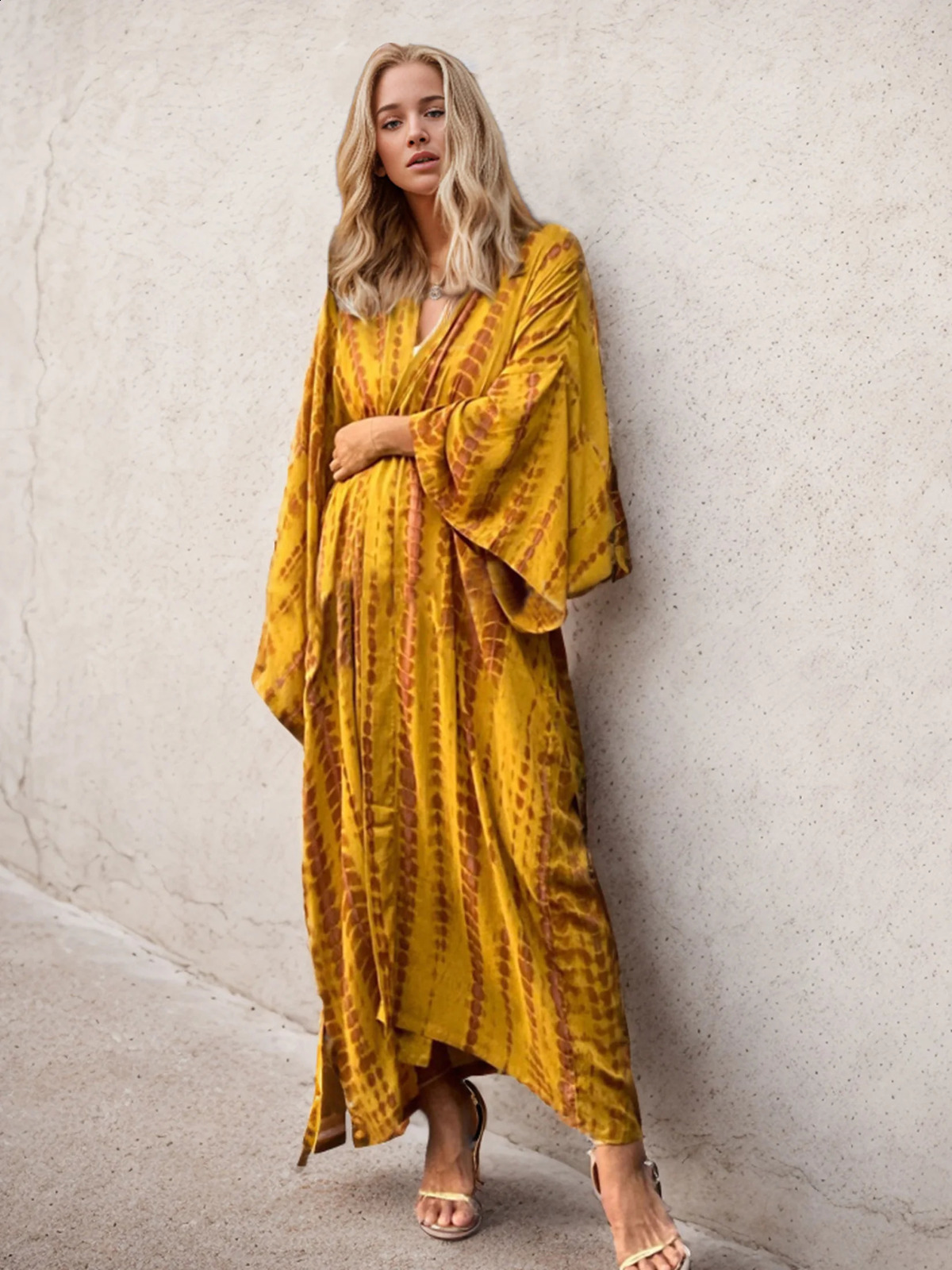 2024 vacation sexy swimsuit cover bohemian tie dye printed waistband kimono cardigan womens dress oversized beach casual wear 250122