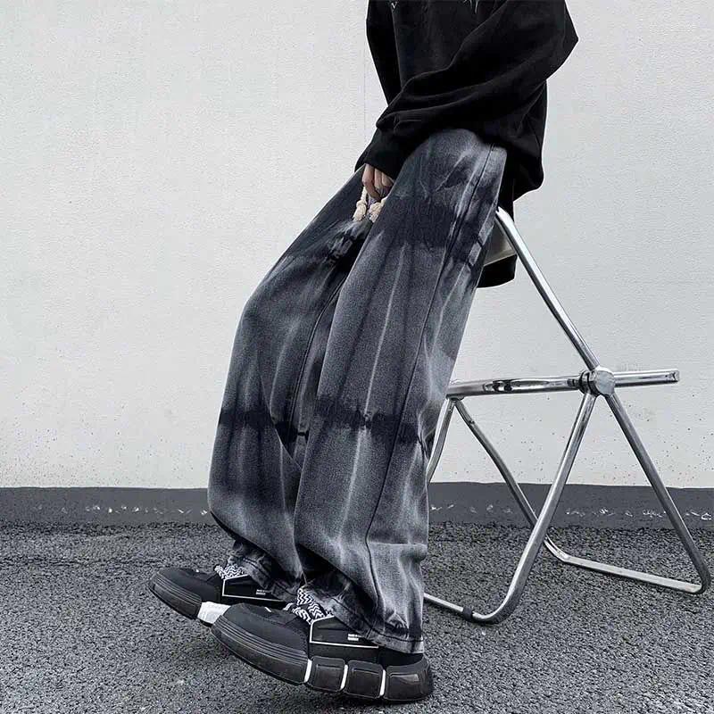 Men's Pants Tie Dye Gradient Jeans Straight Leg Japanese Retro Elastic Waist Washed Trendy Brand Casual And Cool
