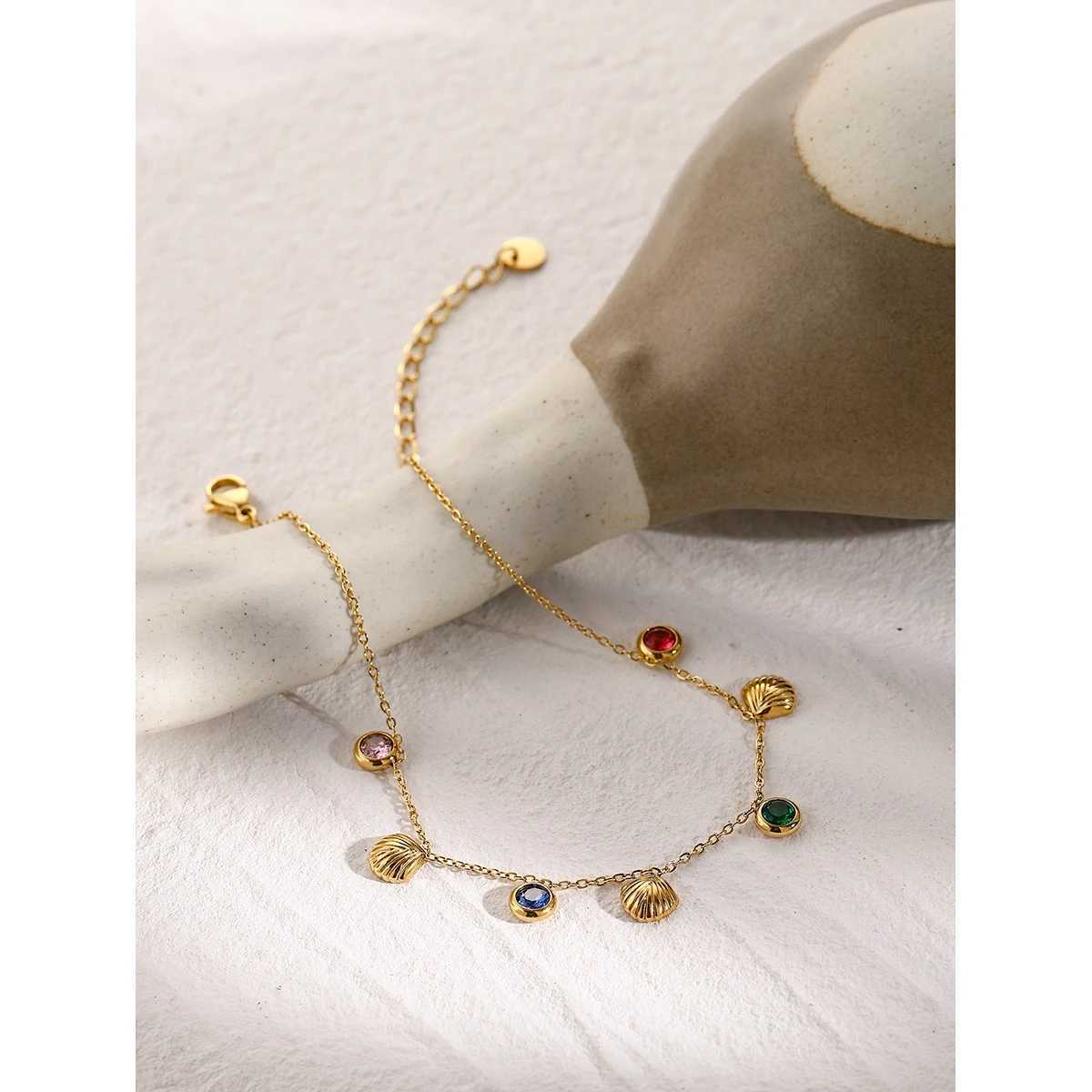 Uworld Colorful Shiny Cubic Zirconia Shell Stainl Steel Summer Anklet Fashion Tren Foot Chain Jewelry for Women XJ250121