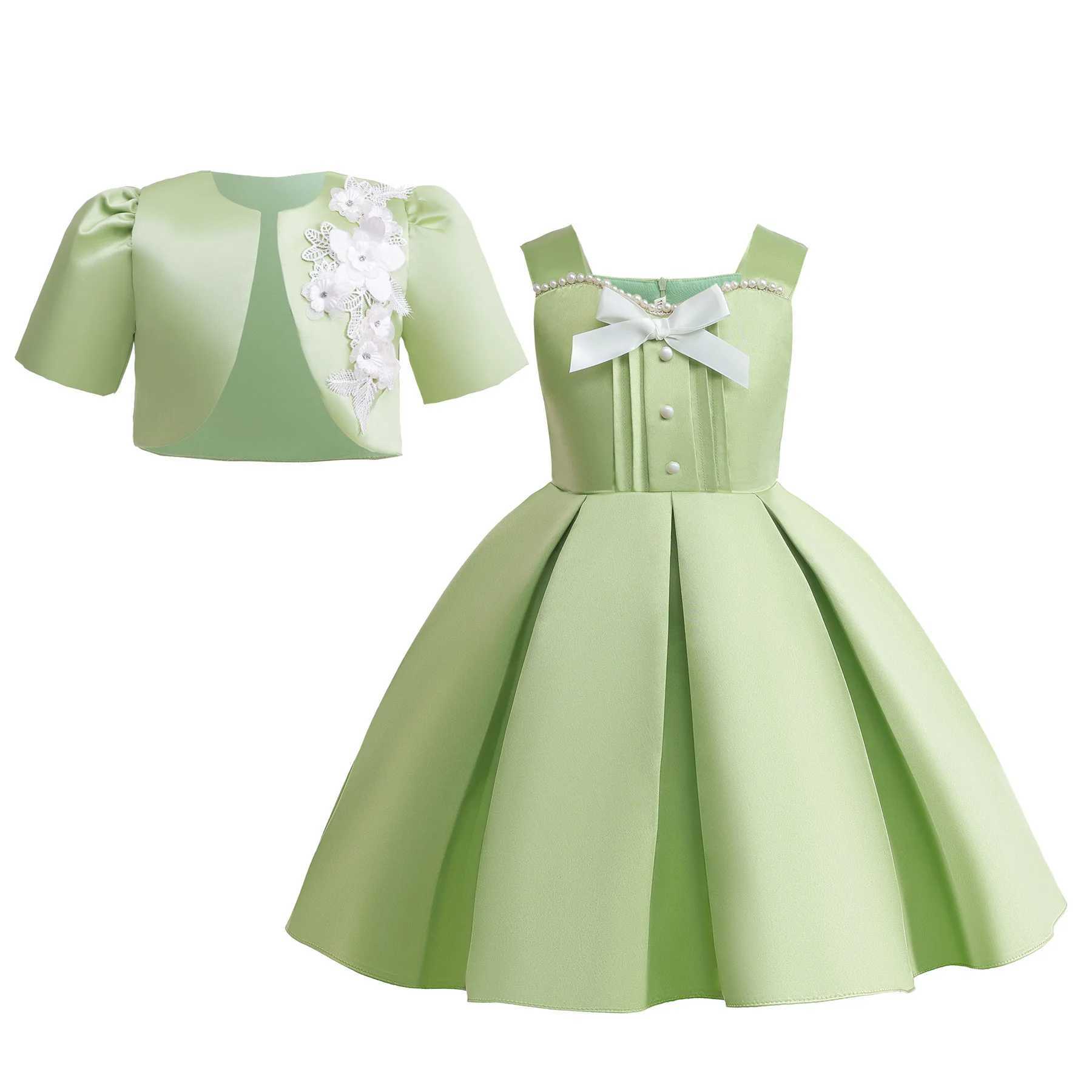 New Girls Dress Summer Sleeveless Princess Dress + Matcha Green Short Jacket 2Pcs Piano Performance Gown 2-10 Years Kids Clothes X250203
