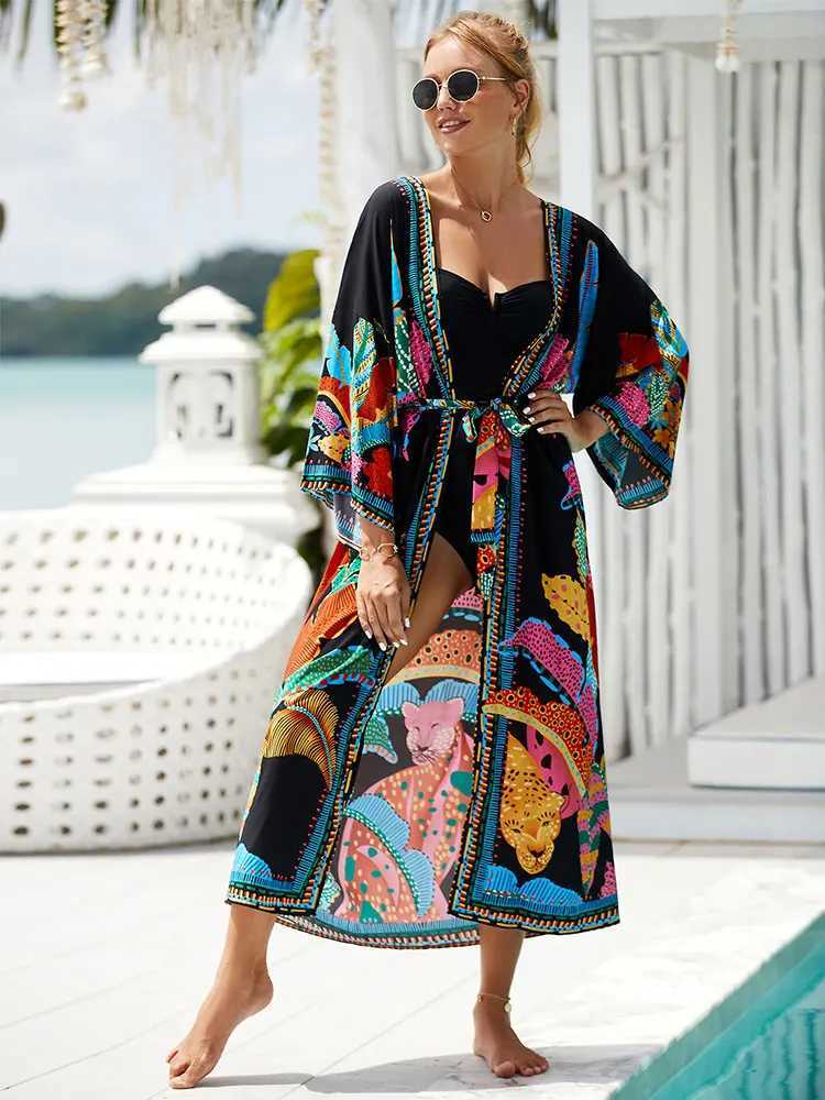 Bohemian Printed Belt Kimono Plus Size Batwing Sleeve Dr Summer Autumn 2023 Women Loose Beachwear Swimsuit Cover Up Shirt Q1 W250120