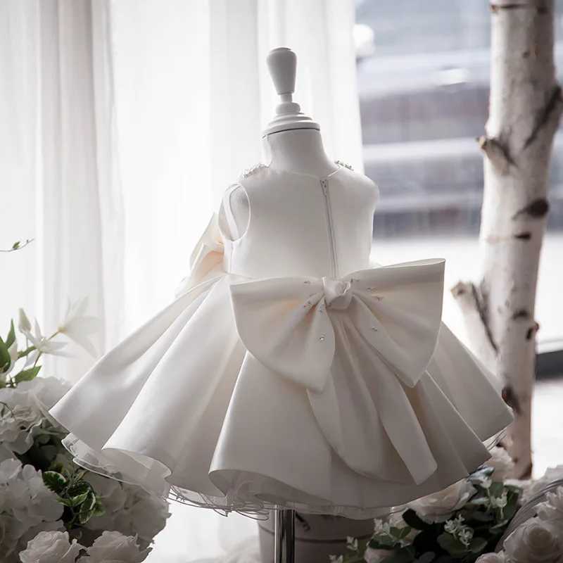 ToddlerWhite Wedding Satin Princess Baby GirDress Bow1Year Birthday Evening Party X250203