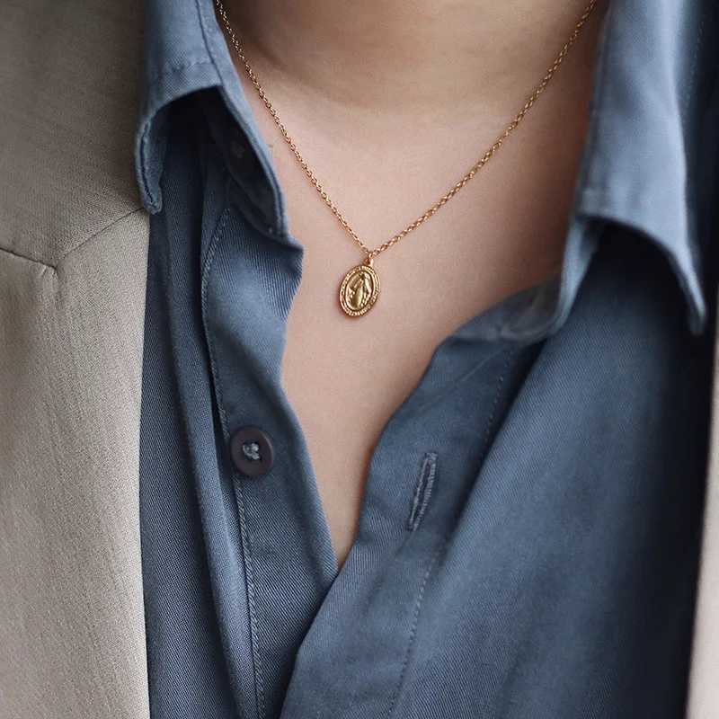 Amaiyllis 18k Gold Virgin Mary Double Side Oval Clavicle Necklace Pendant Handmade Choker Boho Collier Femme Collares JewelryXJ250114