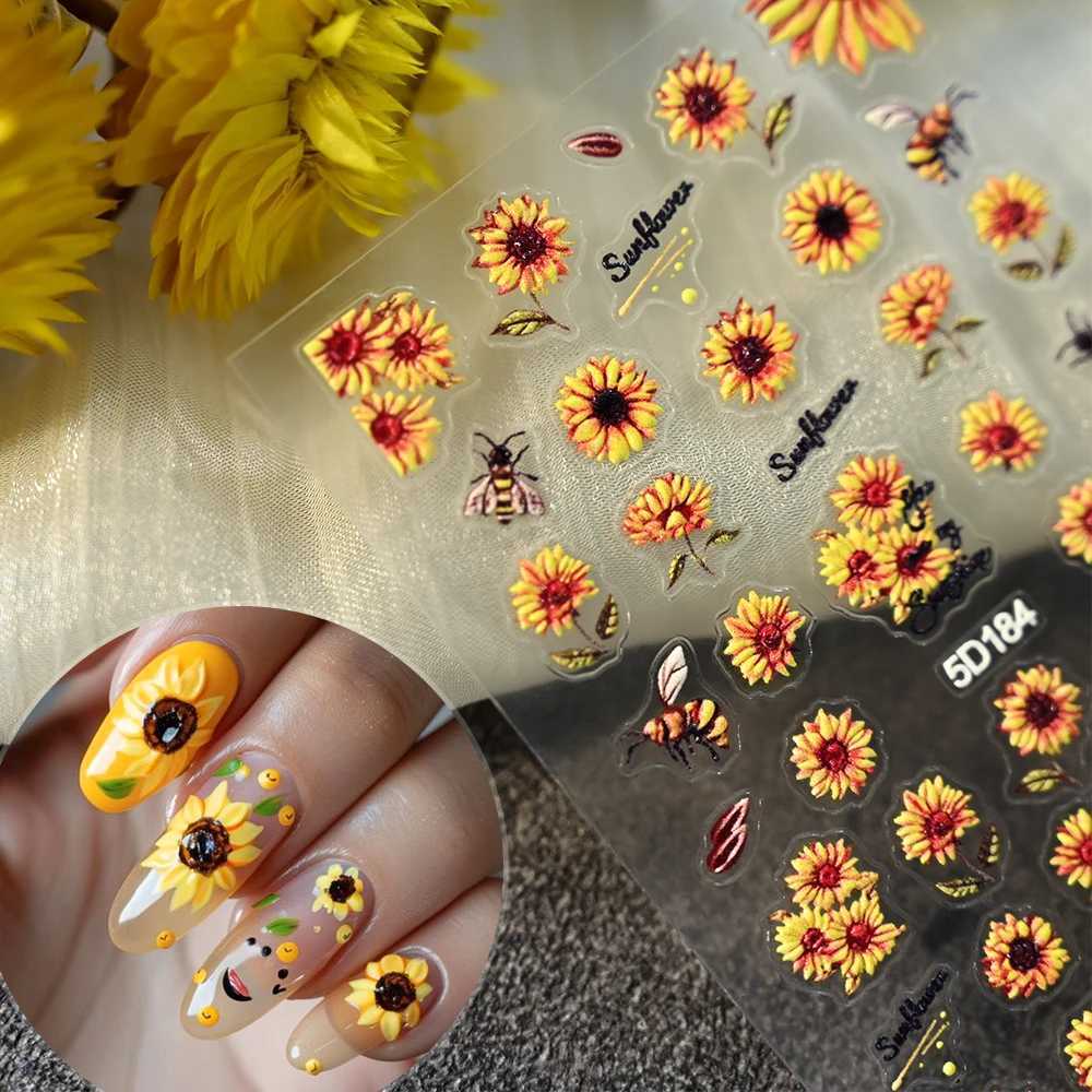 5D Sunflowers Nail Stickers Fall Design Floral Butterfly Bee Nail Decal Self-adhesive Embossed Sliders Manicure Decor NK5D-181G%XJ250120