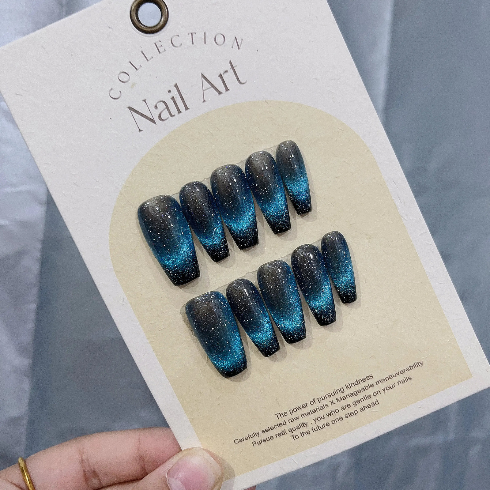 100% Handmade Press On Nails with Blue Cat Eye Effect Medium Coffin Shape Cool and Modern In Emmabeauty Store No. EM19152 250108