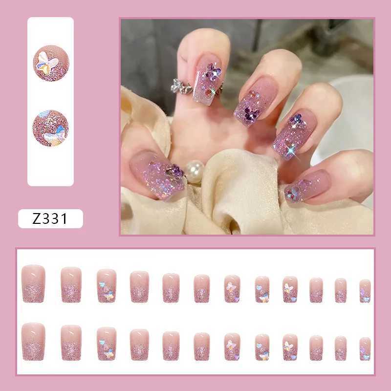 Gradient Patch Stick Wearing False Nails Full Coverage Love Peach Bow See Photochromic Stereo Wear Nail Fake Nail FashionW250120