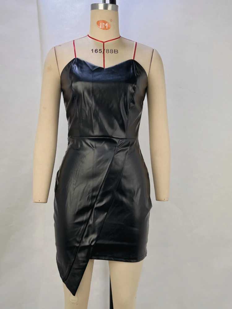 Sexy PU Leather Off Shoulder V Neck Slim Bodycon Dress Women Sveless Skinny Evening Mini Dress Club Party VestidosXJ250115