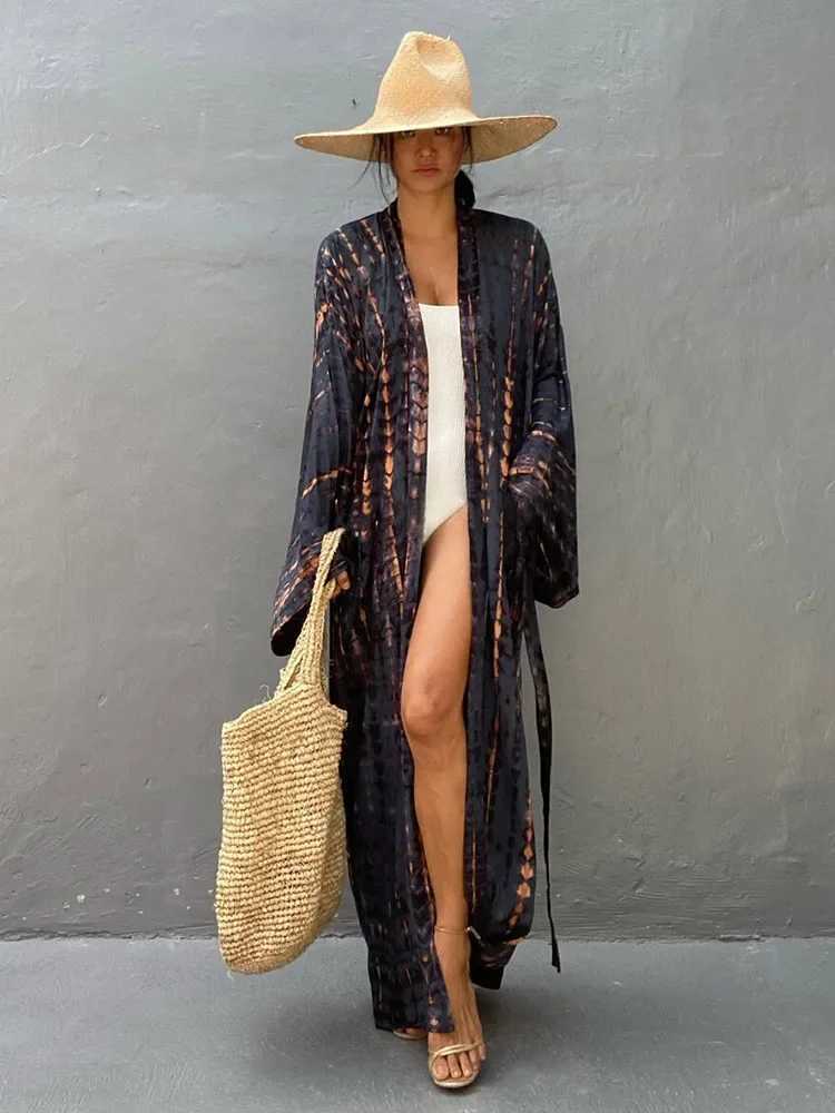 Bohemian striped tie swimsuit cover with Tunic Sarong cardigan Dr 2023 womens bikini cover beach wearing kimono Pareo W250120