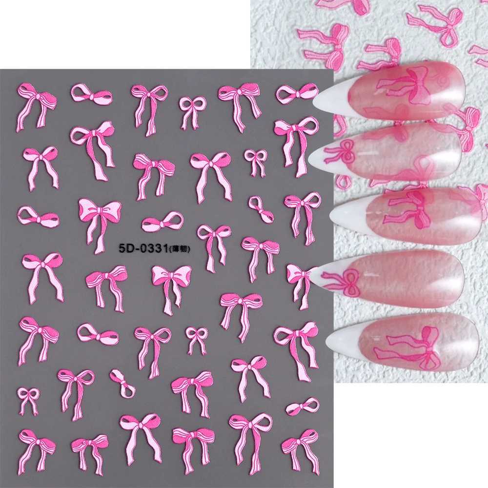 1PC 5D Embossed White Lace Bow Nail Art Stickers Cute Pink White Ribbon Bow Tie Nail Sliders Kawaii Bow Manicure Accessories TY9XJ250120
