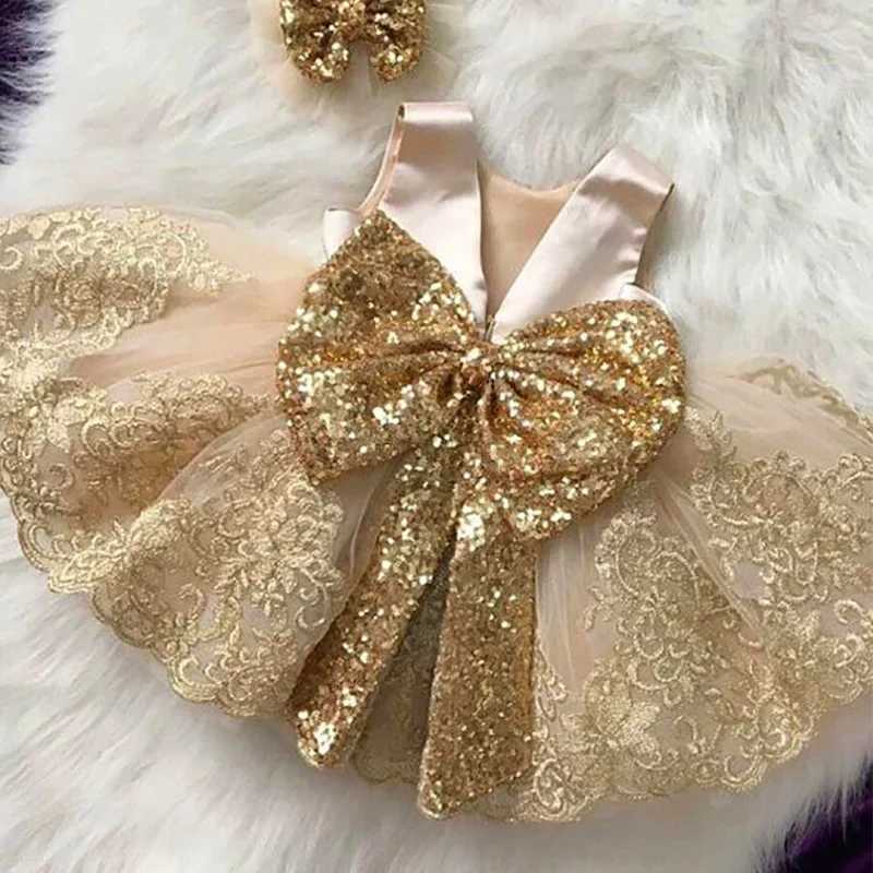 Big Bow Flower Champagne 1srt Birthday Dress Baby Girl Clothes Princess Party Baptism Dress Infant Dresses Toddler Costume X250203
