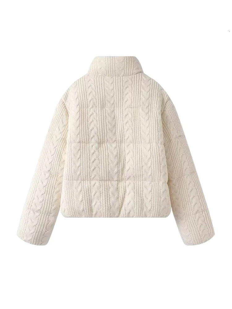 Pb&Za Women's 2024 Autumn/Winter New Knitted Stand Up Collar Zipper Long Sleeve Short Down Cotton Jacket