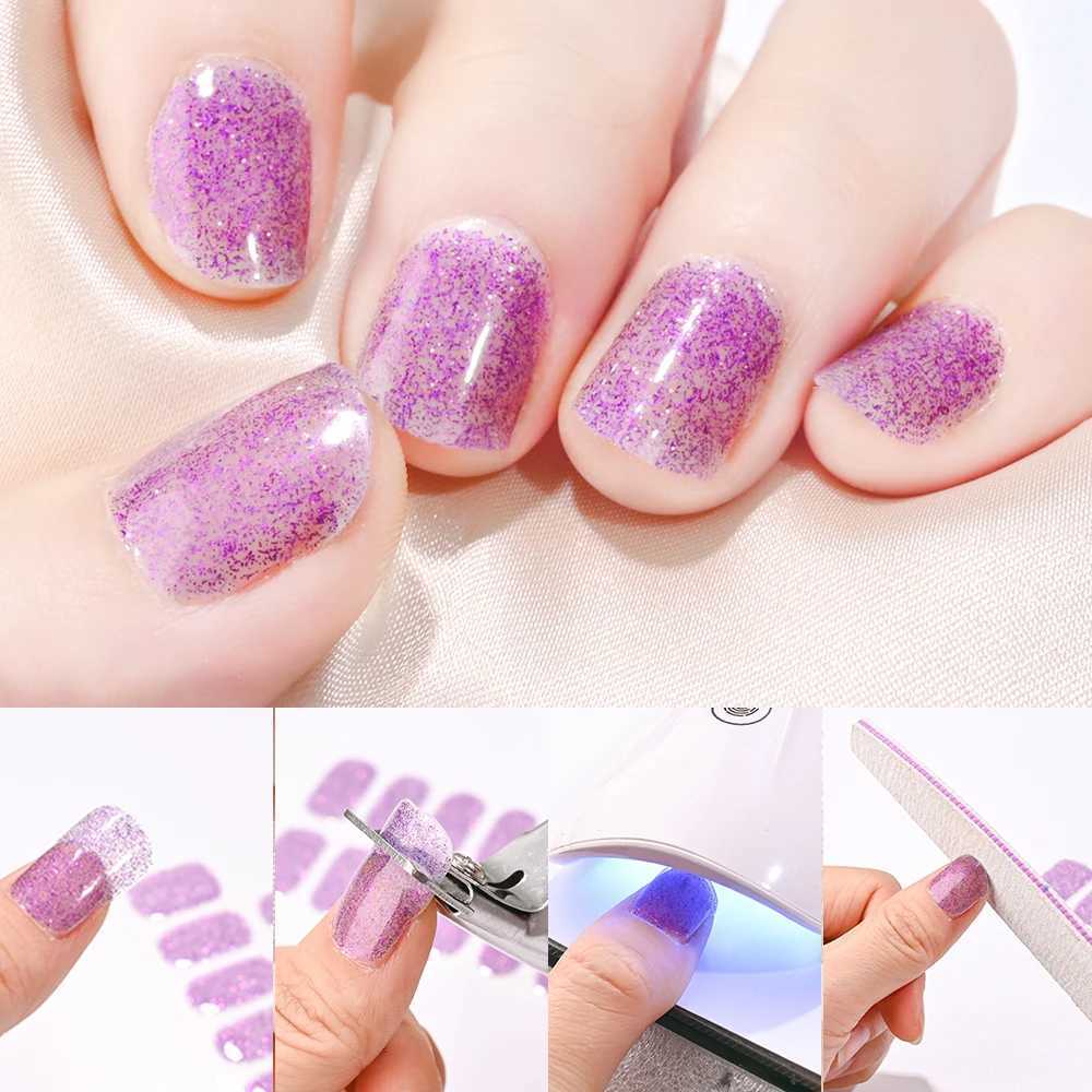 16Tips UV Semi-Cured Gel Nail Art Stickers Glitter High-Gloss Water-Proof Polish Wraps Full Cover Manicure Press On Nails PatchXJ250120