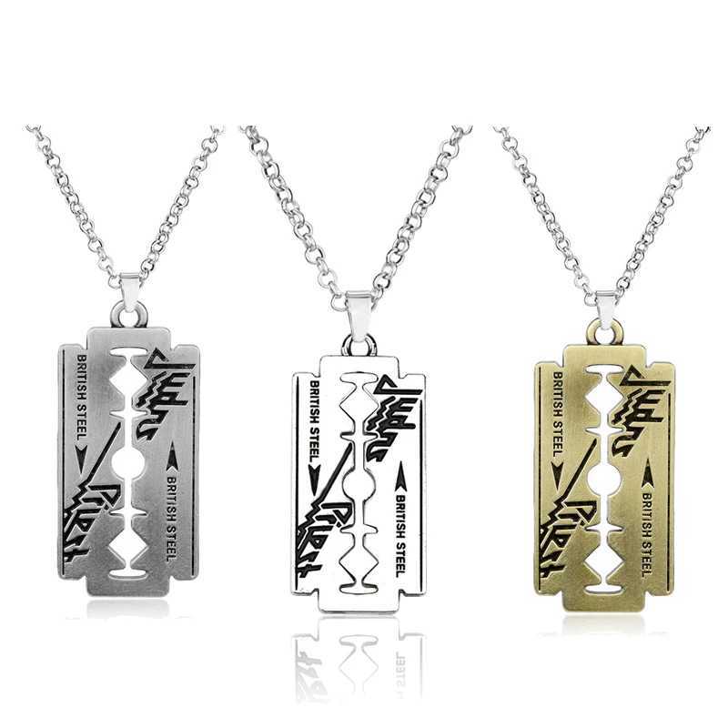 Hip Hop Rock Band Judas Priest Blade Razor Shape Pendant Necklace Long Chain Men Metal NecklaceXJ250121