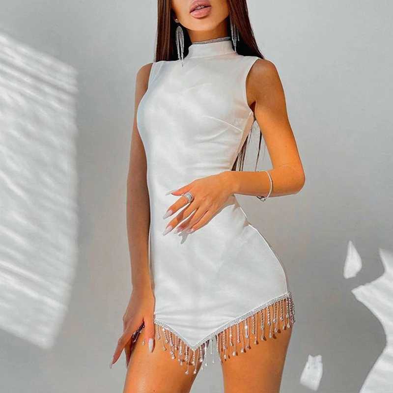 Sexy Women s Solid Color Mock Neck Sveless Bodycon Mini Dress with Rhine Tassels Party ClubwearXJ250115