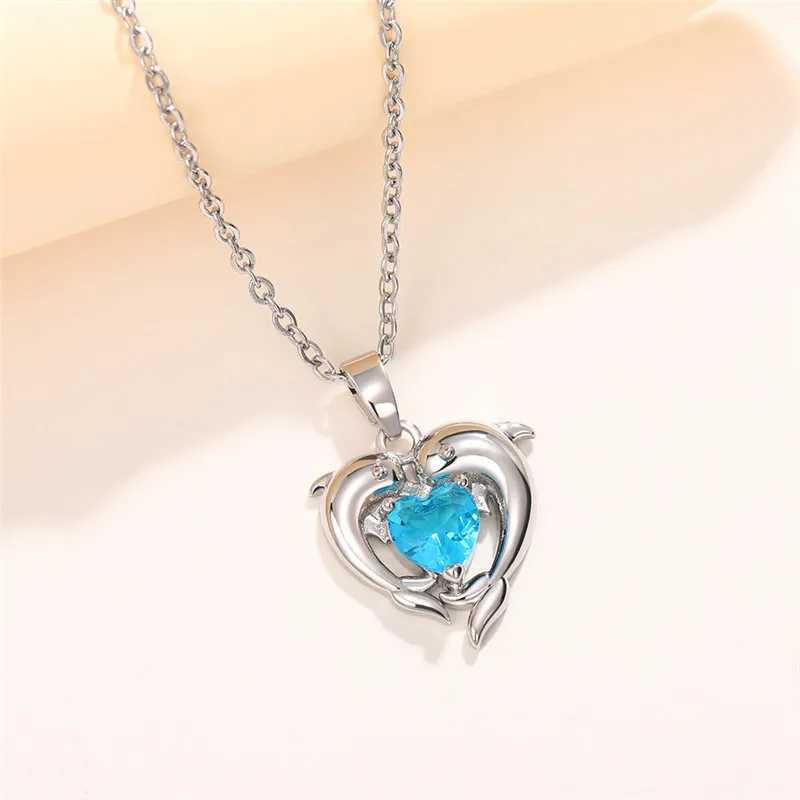 925 Sterling Silver Dolphin Blue Heart CZ Necklace Women Bride Wedding Clavicle Chain Necklaces Fancy Gift Statement JewelryXJ250114
