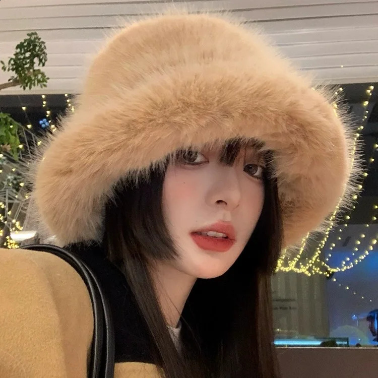 y2k fluffy faux fur bucket hat for women rabbit fur warm and thick plush winter hat for women and fashionable party Panama fisherman hat 250109